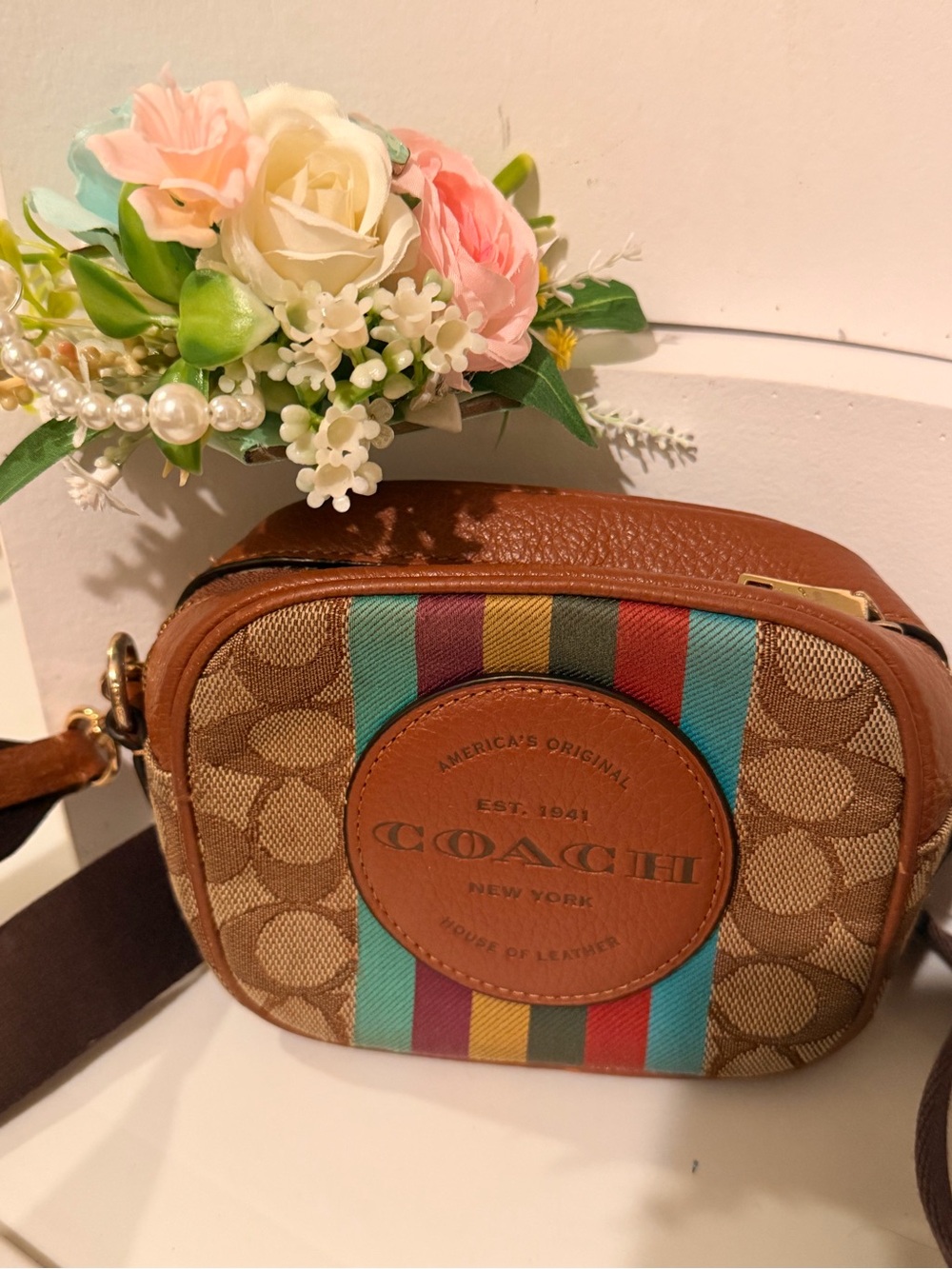 Coach Brown Signature Stripe Crossbody Camera Bag - Picture 3 of 10